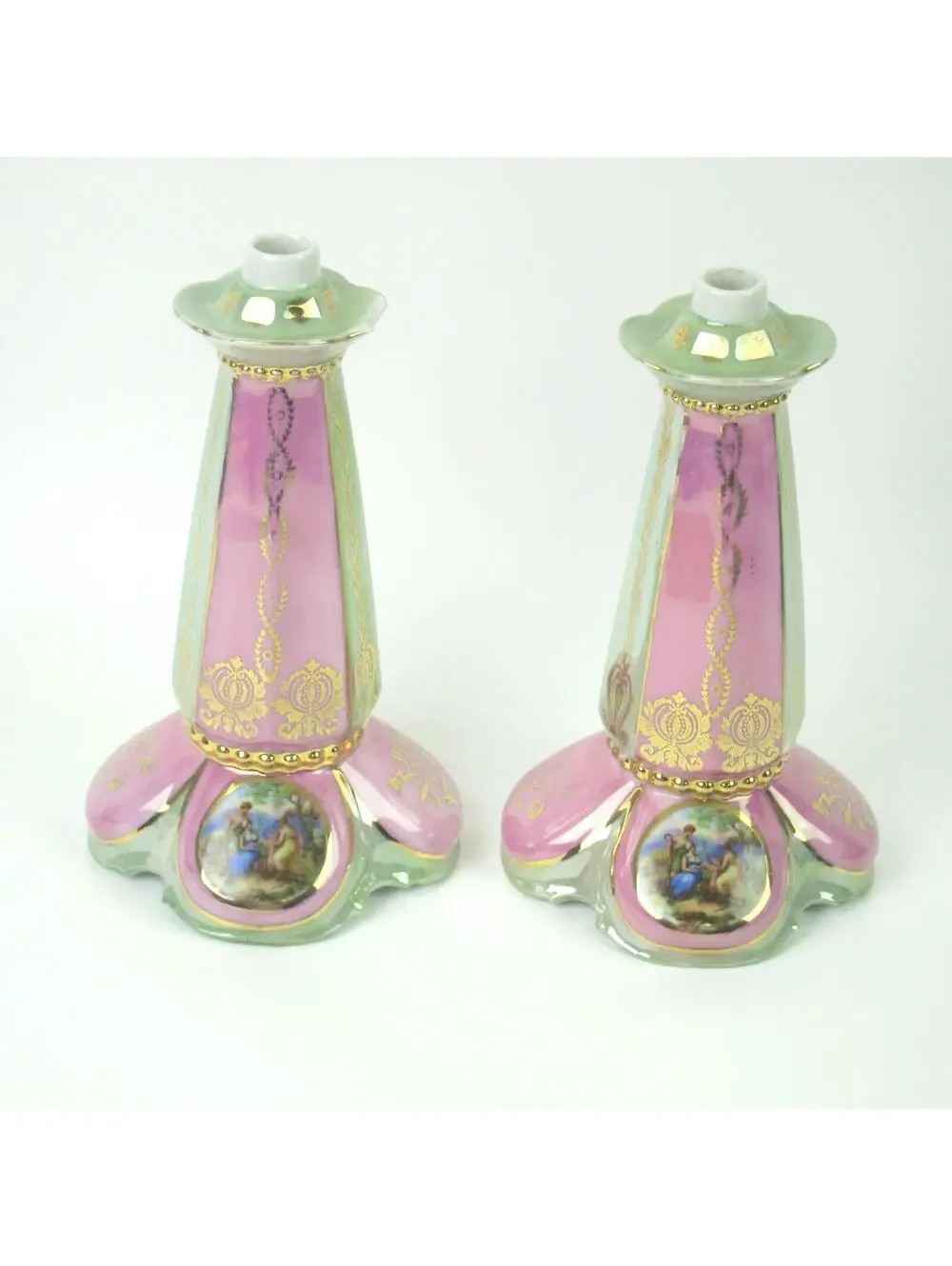 Antique Porcelain Lusterware Lamp Base Pink Green Gold Angelica Kauffman Germany